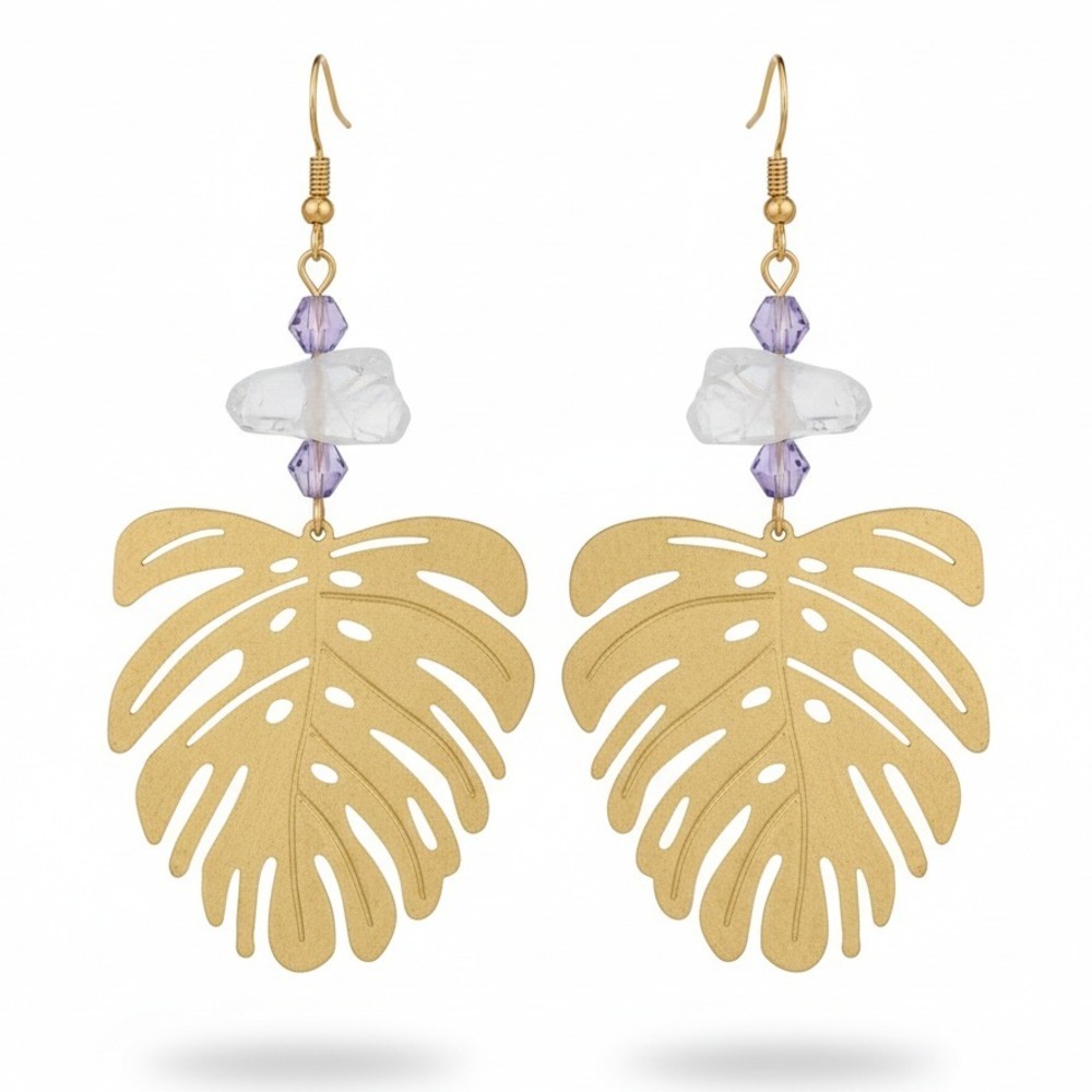 Gold Monstera‎ Leaf Dangle Earrings Quartz Crystal Beads Tropical Boho Jewelry